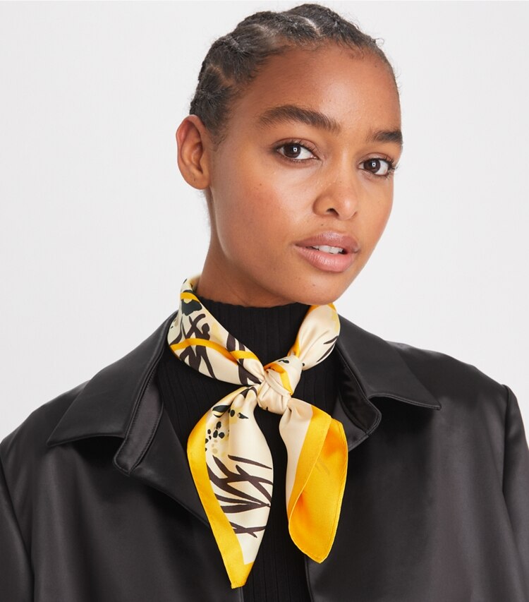 Tory Burch designer scarves Drip Bouquet Neckerchief in Orange accessory on model
