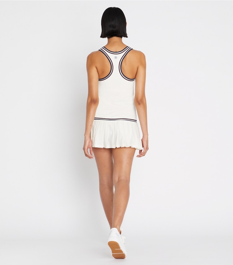 Tory Sport designer dresses Drop-Waist Tennis Dress in Snow White / Winetasting on model back