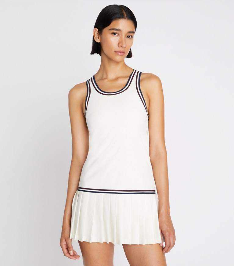Tory Sport designer dresses Drop-Waist Tennis Dress in Snow White / Winetasting front