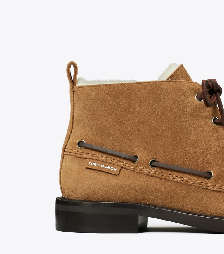 Tory Burch designer ankle boots Duck Shearling Ankle Boot in WEATHERED OAK detail