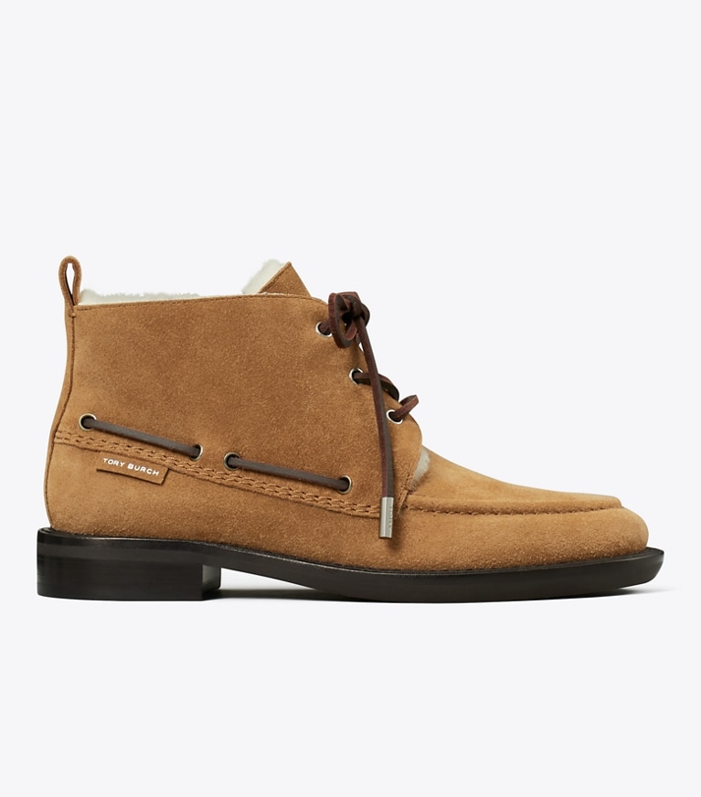Tory Burch designer ankle boots Duck Shearling Ankle Boot in WEATHERED OAK side