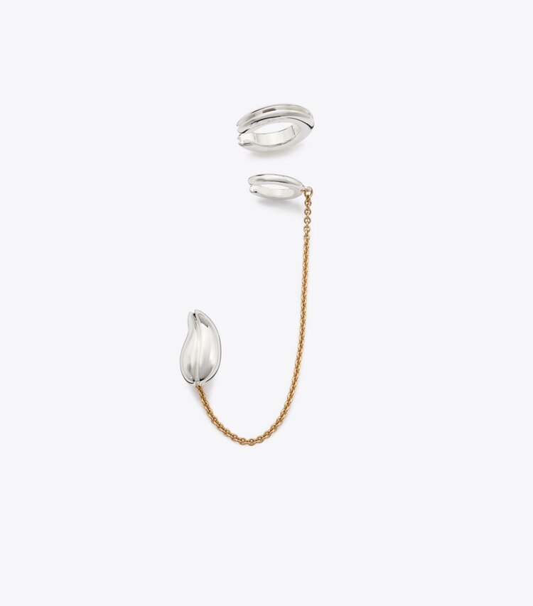 Tory Burch diseñador aretes Ear cuff Pierced con cadena en Light Brass / Light Silver adicional