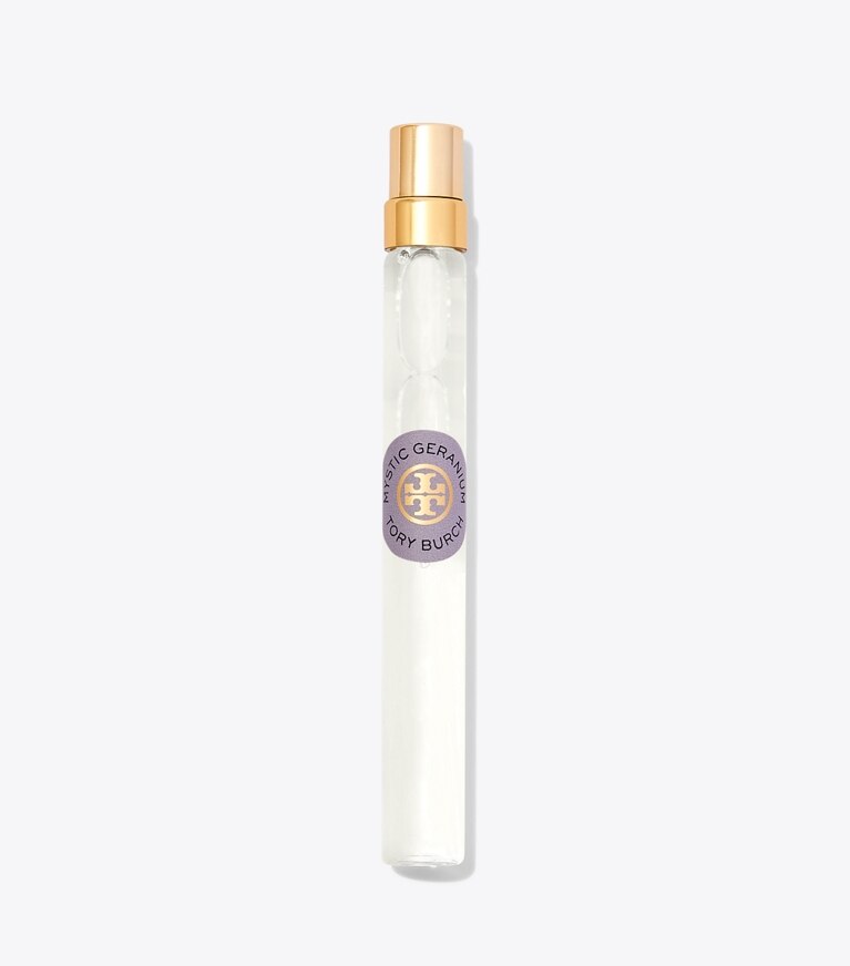 Tory Burch diseñador perfume Eau de Parfum Mystic Geranium en atomizador de viaje de 10 ml en MYSTIC GERANIUM frente