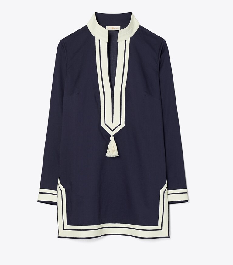 Tory Burch designer strandmode Einfarbige Tunika mit Quasten in TORY NAVY front