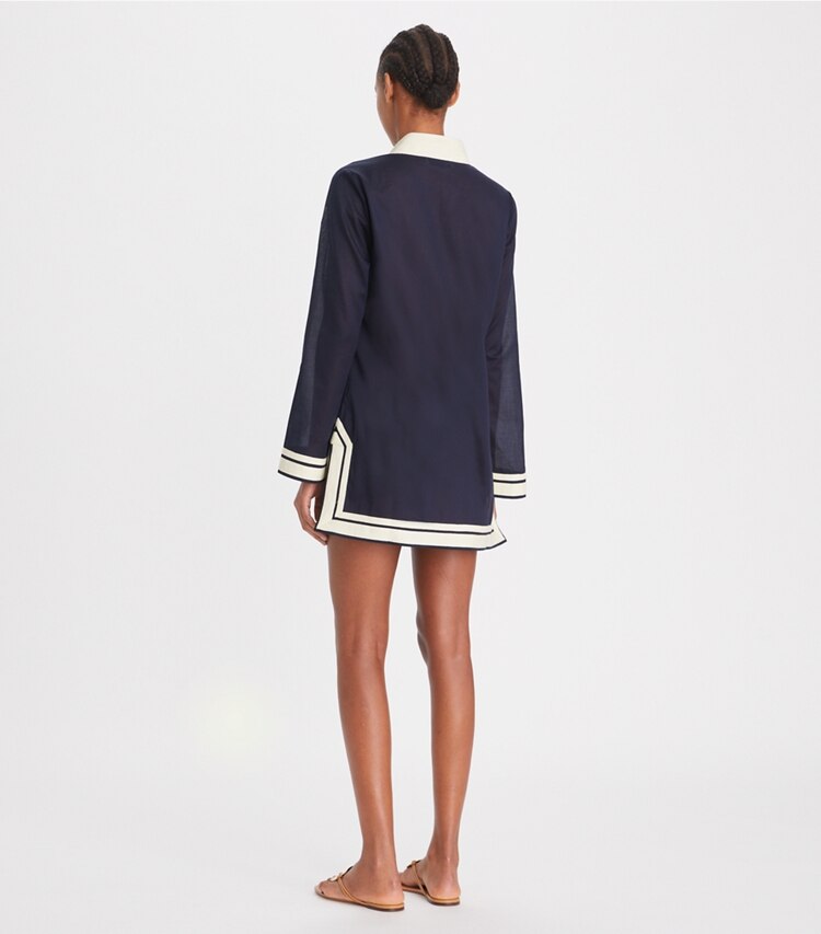 Tory Burch designer strandmode Einfarbige Tunika mit Quasten in TORY NAVY on model back