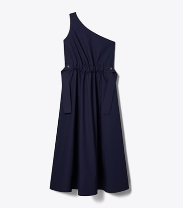Tory Burch designer strandmode Einschultriges Baumwollkleid mit Gürtel in Medium Navy front