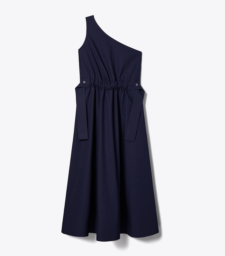 Tory Burch designer strandmode Einschultriges Baumwollkleid mit Gürtel in Medium Navy front