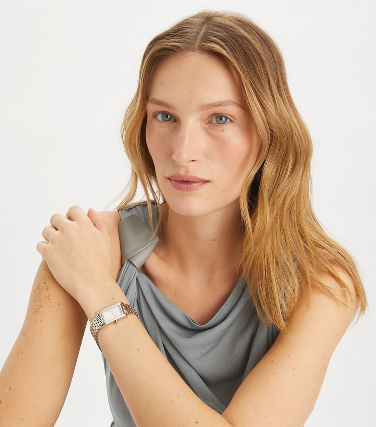 Tory Burch designer strap watches Eleanor Angled Watch in IVORY/SILVER accessory on model