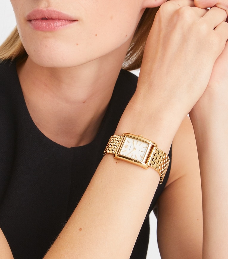 Tory Burch designer armbanduhren Eleanor Armbanduhr aus goldfarbenem Edelstahl in IVORY/GOLD front