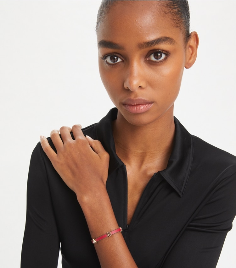 Tory Burch designer bracelets Eleanor Bio Bracelet in Tory Gold / Classic Chestnut accessory on model