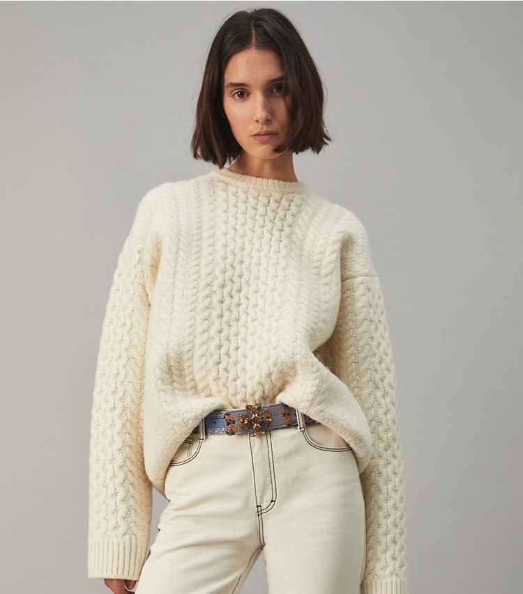 Tory Burch designer belts Eleanor Brocade Embellished Belt in Sea Frost accessory on model