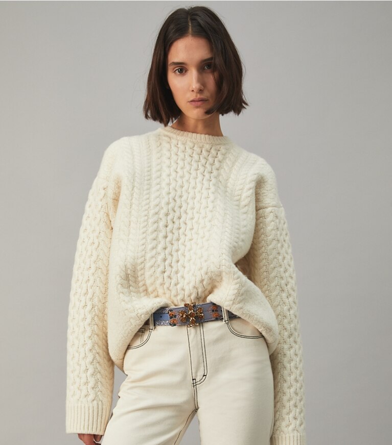Tory Burch designer belts Eleanor Brocade Embellished Belt in Sea Frost front