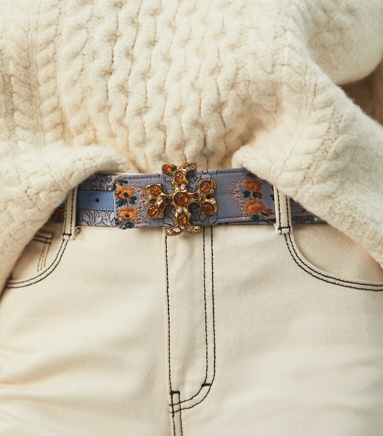 Tory Burch designer belts Eleanor Brocade Embellished Belt in Sea Frost front