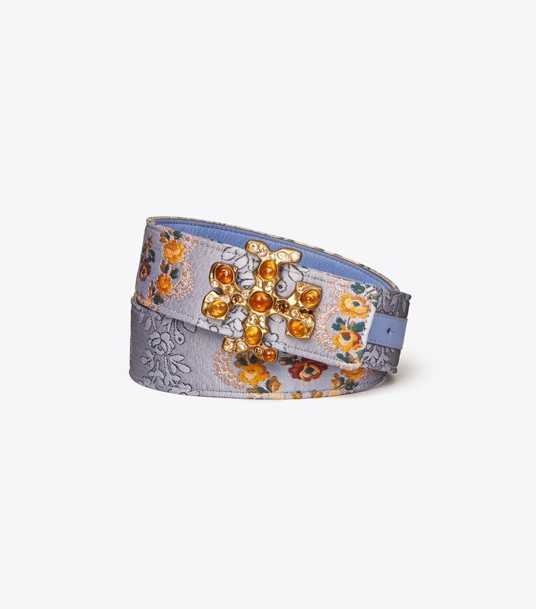 Tory Burch designer belts Eleanor Brocade Embellished Belt in Sea Frost front