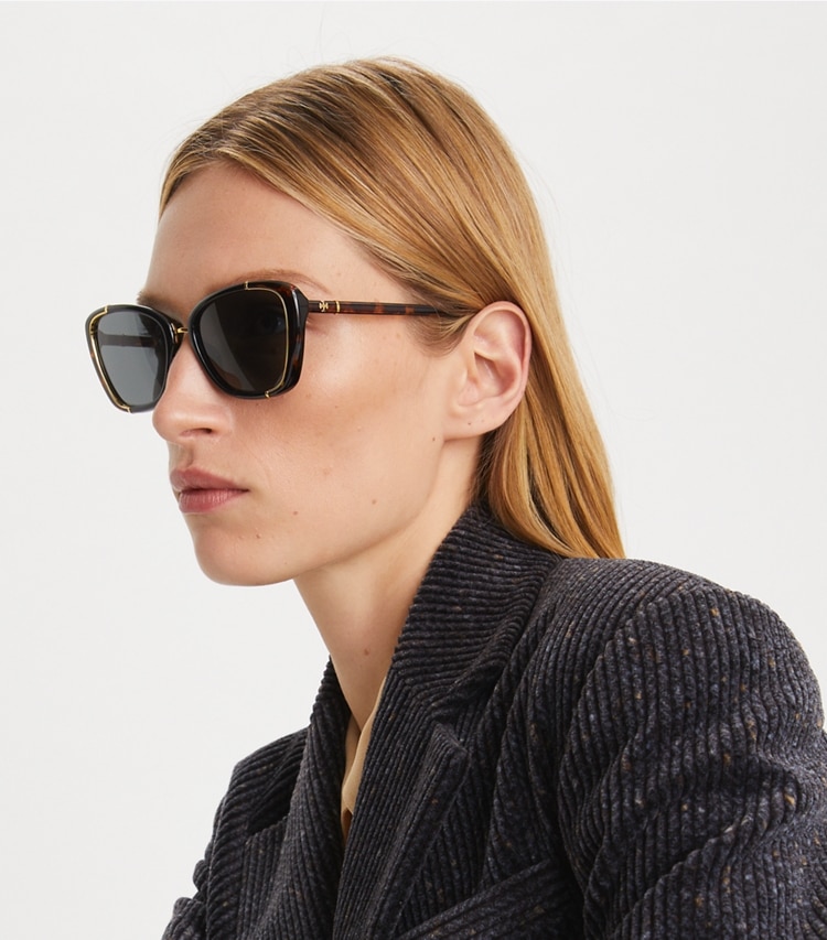Tory Burch designer sunglasses & eyewear Eleanor Cat-Eye Sunglasses in BLACK/TORTOISE/DARK GREY accessory on model