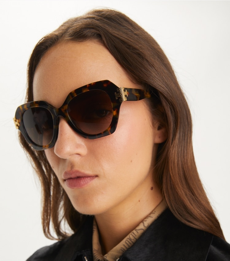 Tory Burch designer sunglasses & eyewear Eleanor Cat-Eye Sunglasses in DARK TORTOISE/BROWN GRADIENT accessory on model
