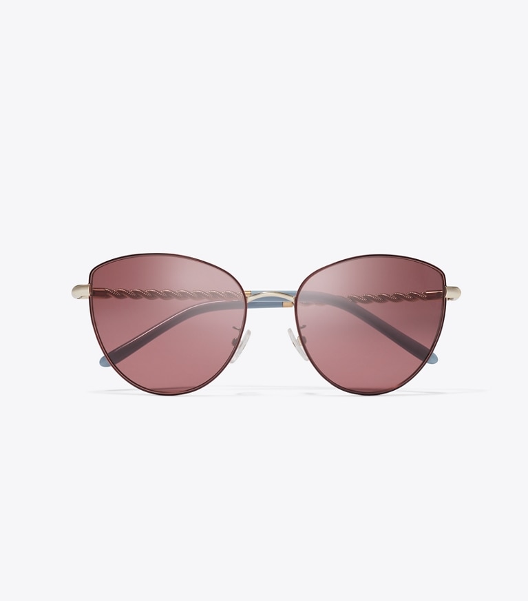 Tory Burch designer sunglasses & eyewear Eleanor Chain Cat Eye in SHINY LIGHT GOLD/ SOLID BORDEAUX front