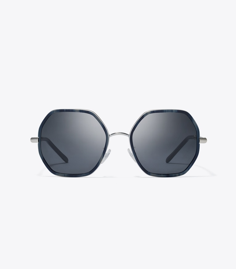 Tory Burch designer sunglasses & eyewear Eleanor Chain Geometric Sunglasses in BLUE HORN/SOLID GREY front