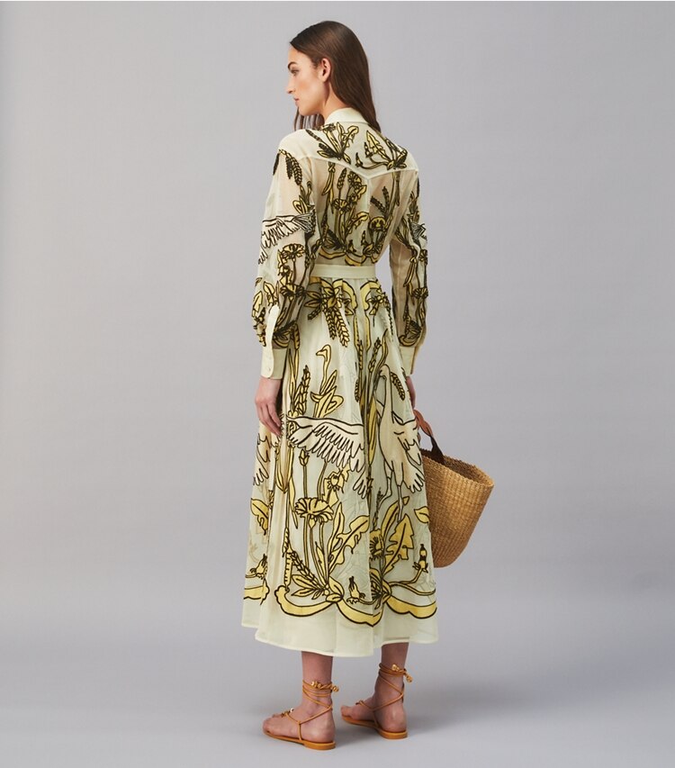 Tory Burch designer dresses Eleanor Cotton Tulle Dress in MORNING CRANE on model back
