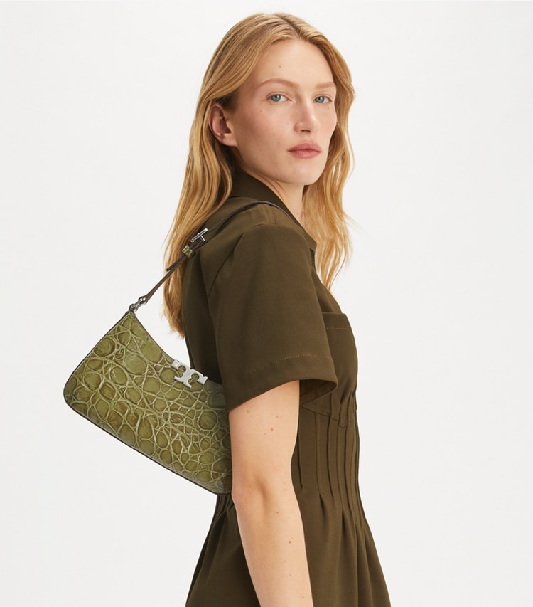 Tory Burch designer shoulder bags Eleanor Croc-Embossed Slim Shoulder Bag in Soft Ivy accessory on model