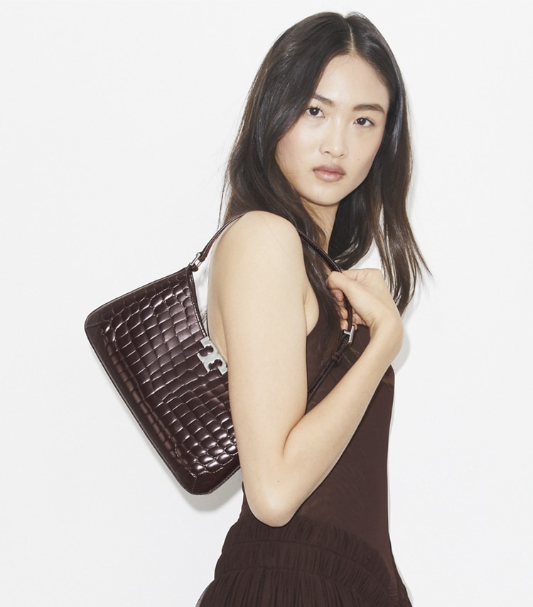 Tory Burch designer shoulder bags Eleanor Croc-Embossed Slim Shoulder Bag in Deep Burgundy accessory on model