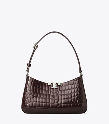Tory Burch designer shoulder bags Eleanor Croc-Embossed Slim Shoulder Bag in Deep Burgundy front