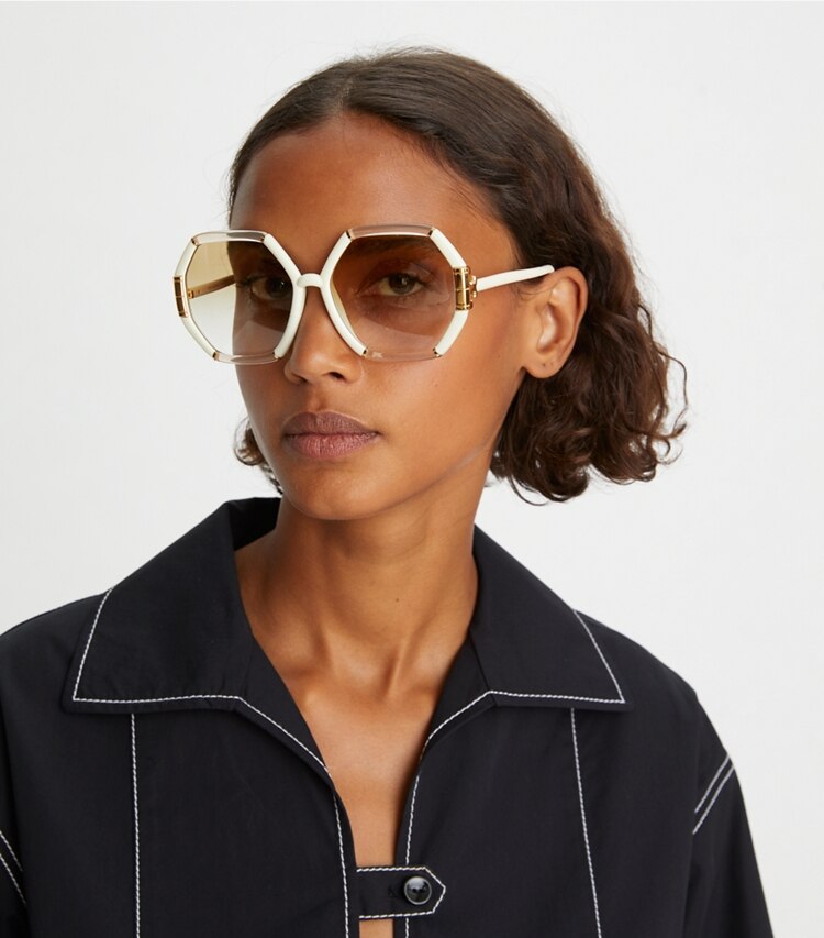 Tory Burch designer sunglasses & eyewear Eleanor Geometric Sunglasses in NAVY accessory on model