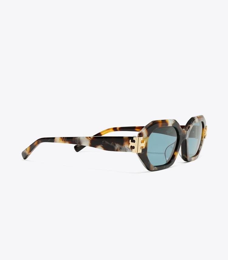 Tory Burch designer sunglasses & eyewear Eleanor Geometric Sunglasses in DARK WAVY TORTOISE/PETROL GREEN detail