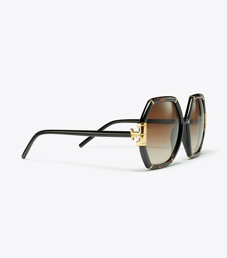 Tory Burch designer sunglasses & eyewear Eleanor Geometric Sunglasses in DARK TORTOISE/BLACK detail