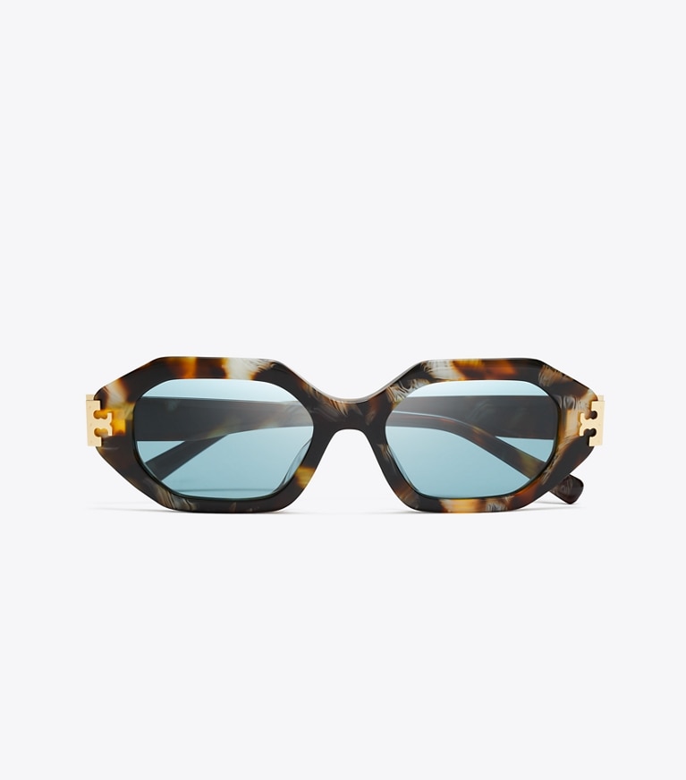 Tory Burch designer sunglasses & eyewear Eleanor Geometric Sunglasses in DARK WAVY TORTOISE/PETROL GREEN overhead