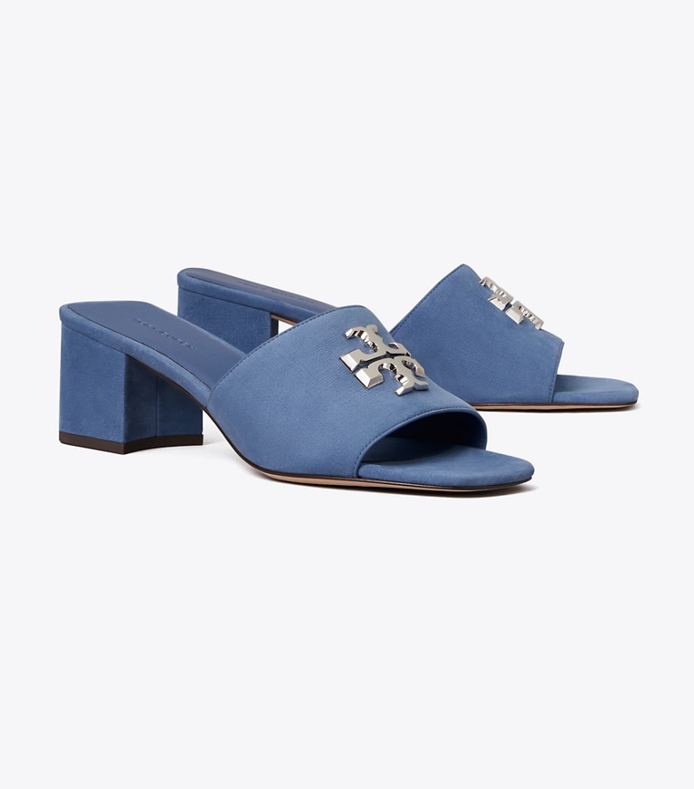 Tory Burch designer sandals Eleanor Heeled Sandal in SOFT BLUE / SILVER angle