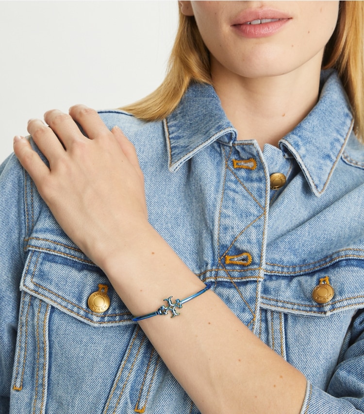 Tory Burch designer bracelets Eleanor Hinged Cuff in Ice Blue accessory on model