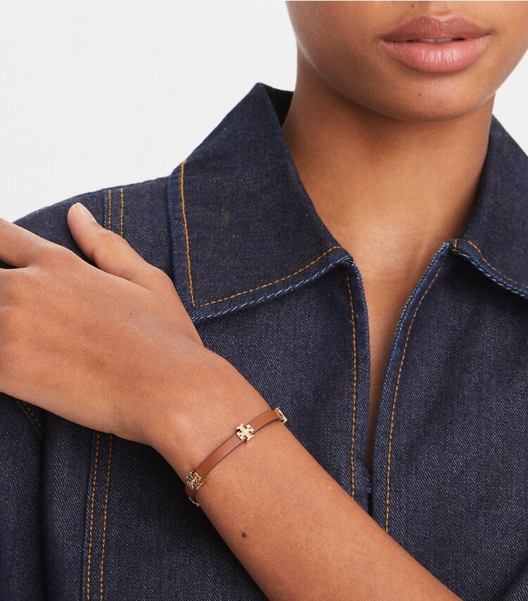 Tory Burch designer bracelets Eleanor Leather Bracelet in Tory Silver / Lavender Cloud accessory on model