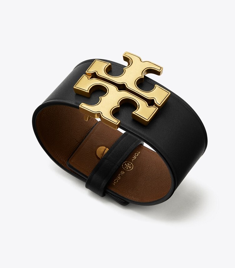 Tory Burch designer bracelets Eleanor Leather Bracelet in Rolled Brass / BLACK detail