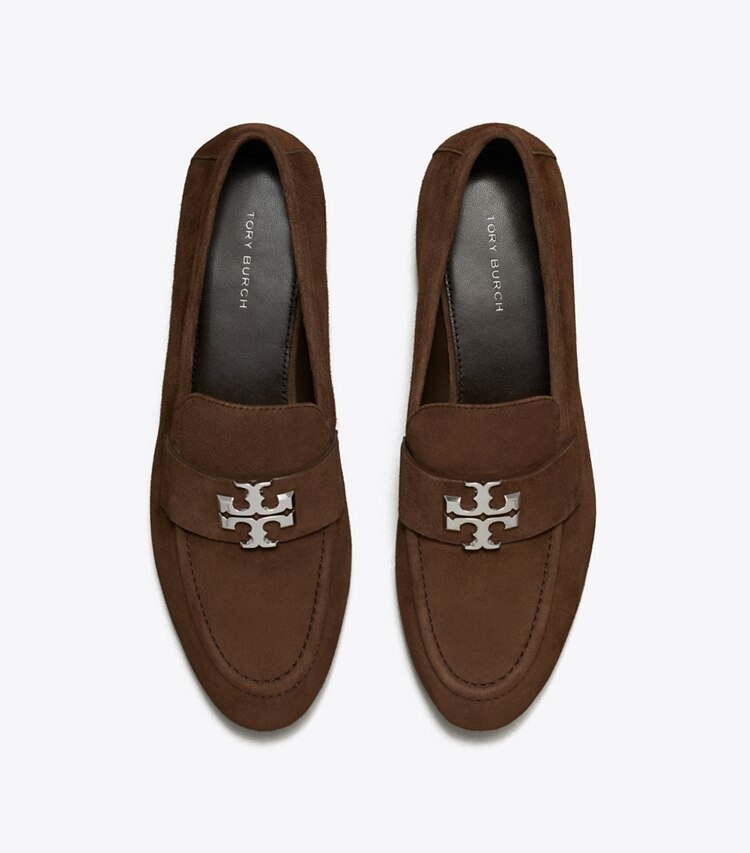 Tory Burch designer flats Eleanor Loafer in DARK COCOA / SILVER overhead
