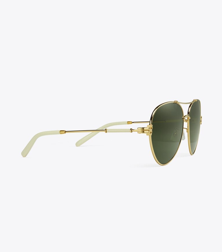 Tory Burch designer sunglasses & eyewear Eleanor Metal Pilot Sunglasses in Shiny Gold/Green Solid front