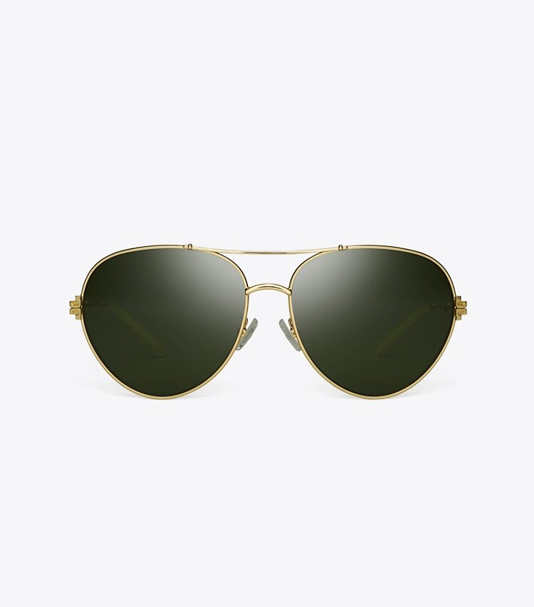 Tory Burch designer sunglasses & eyewear Eleanor Metal Pilot Sunglasses in Shiny Gold/Green Solid front