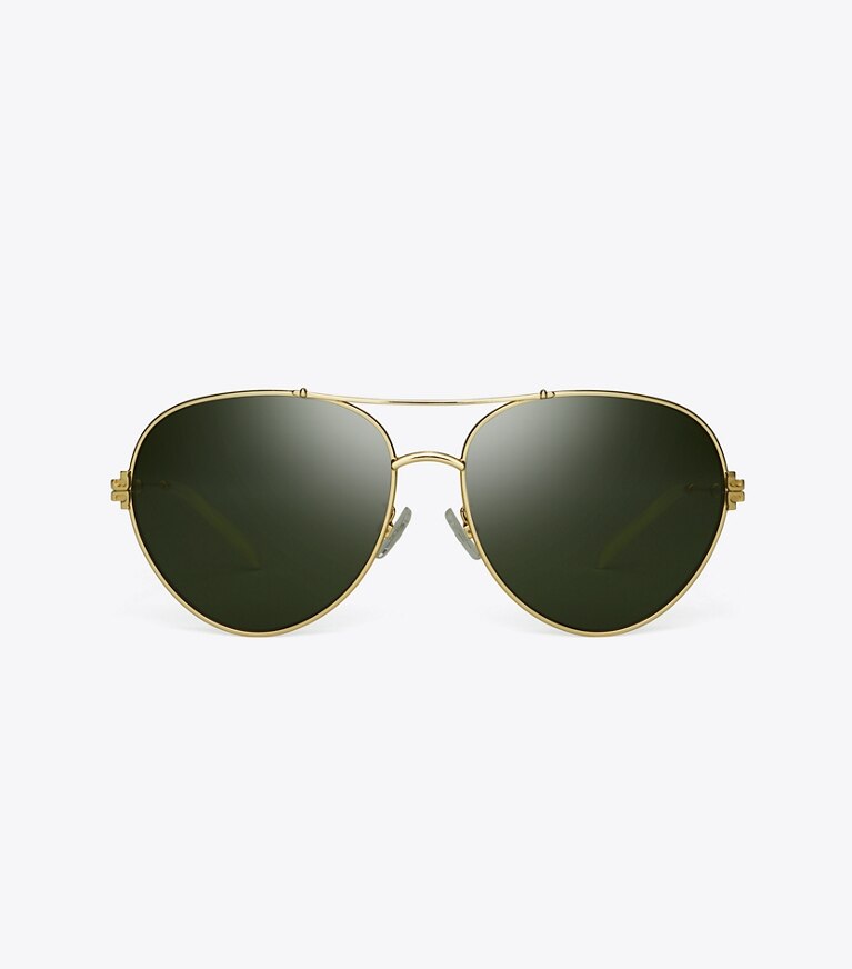 Tory Burch designer sunglasses & eyewear Eleanor Metal Pilot Sunglasses in Shiny Gold/Green Solid front