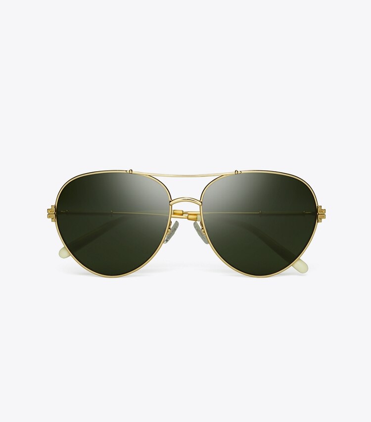Tory Burch designer sunglasses & eyewear Eleanor Metal Pilot Sunglasses in Shiny Gold/Green Solid overhead
