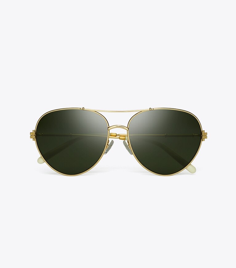 Tory Burch designer sunglasses & eyewear Eleanor Metal Pilot Sunglasses in Shiny Gold/Green Solid front