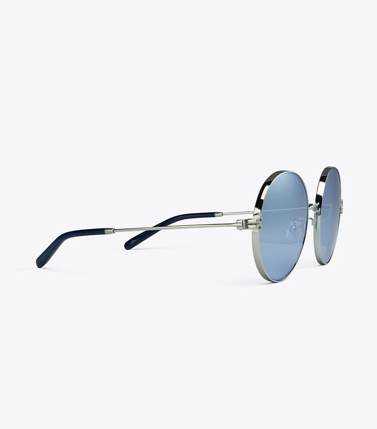 Tory Burch designer sunglasses & eyewear Eleanor Metal Round Sunglasses in SHINY SILVER/DARK BLUE MIRROR detail