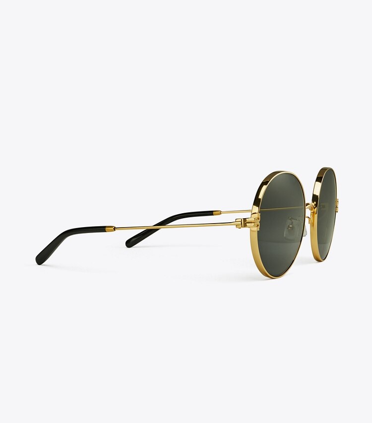 Tory Burch designer sunglasses & eyewear Eleanor Metal Round Sunglasses in SHINY GOLD/DARK GREY detail