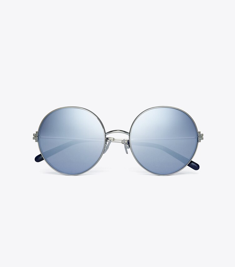 Tory Burch designer sunglasses & eyewear Eleanor Metal Round Sunglasses in SHINY SILVER/DARK BLUE MIRROR overhead