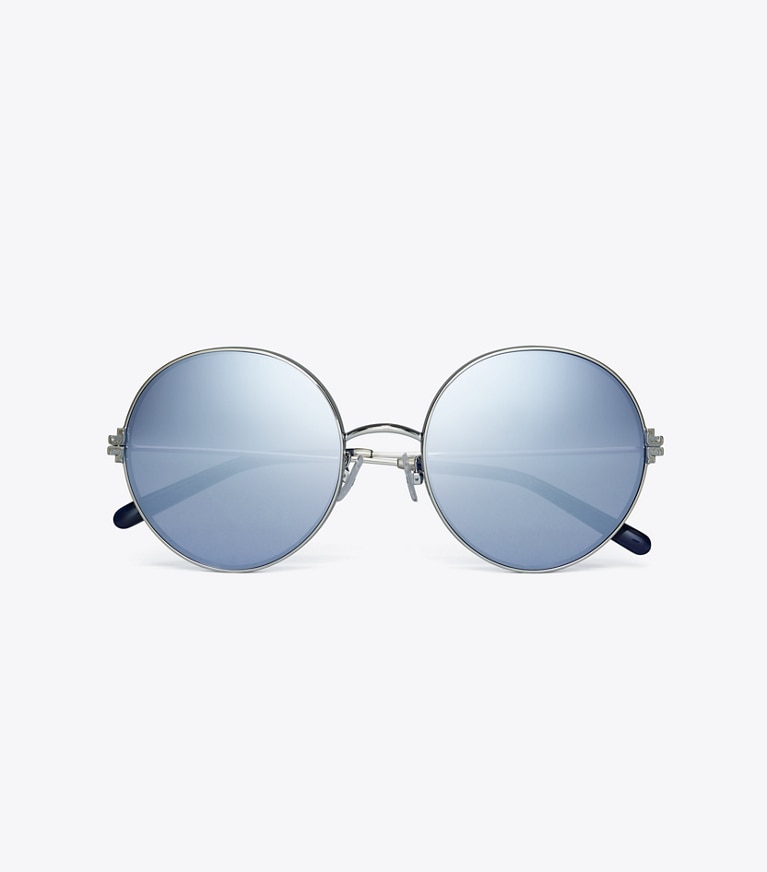 Tory Burch designer sunglasses & eyewear Eleanor Metal Round Sunglasses in SHINY SILVER/DARK BLUE MIRROR front