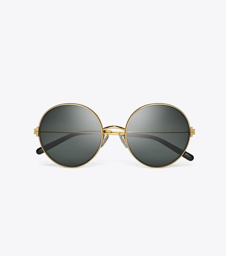 Tory Burch designer sunglasses & eyewear Eleanor Metal Round Sunglasses in SHINY GOLD/DARK GREY front