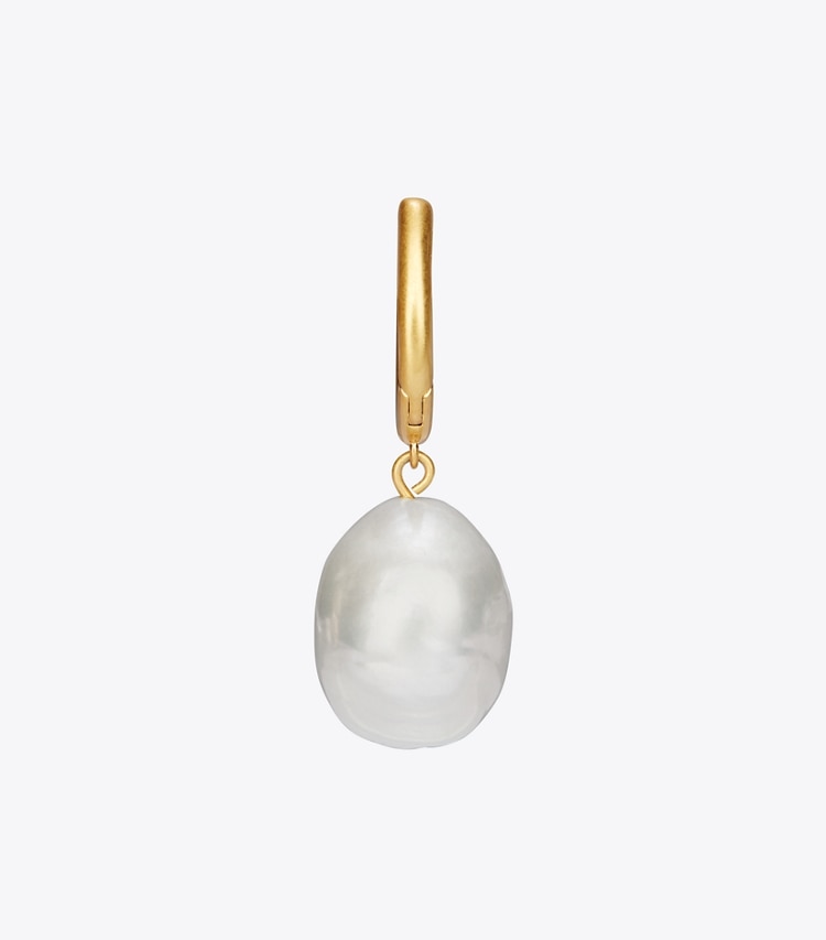 Tory Burch designer earrings Eleanor Mismatch Hoop Earring in Tory Gold / Ivory Pearl detail