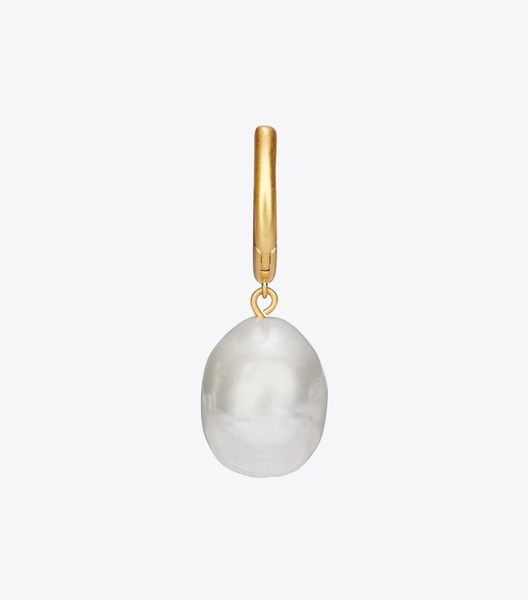 Tory Burch designer earrings Eleanor Mismatch Hoop Earring in Tory Gold / Ivory Pearl front