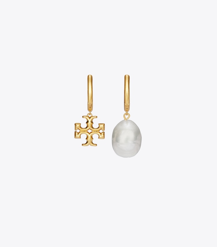 Tory Burch designer earrings Eleanor Mismatch Hoop Earring in Tory Gold / Ivory Pearl front