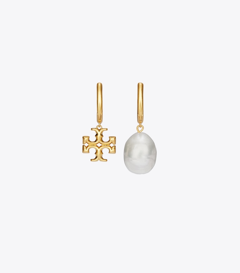 Tory Burch designer earrings Eleanor Mismatch Hoop Earring in Tory Gold / Ivory Pearl front