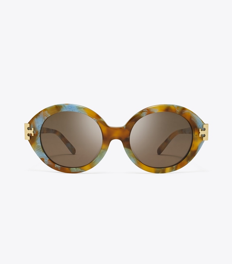 Tory Burch designer sunglasses & eyewear Eleanor Oval Sunglasses in BLUE HONEY TORTOISE/DARK BROWN front